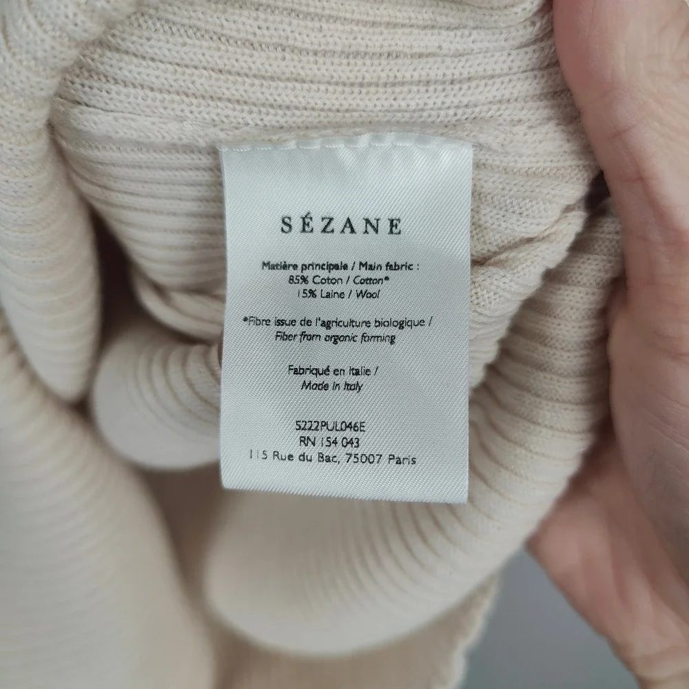 Sezane La Maille Ribbed Cotton Wool Knit Top Womens Medium Cream Buttoned - Picture 6 of 8